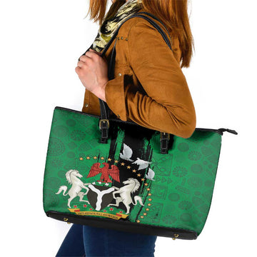 Nigeria Independence Day Leather Tote Bag National Seal with Peace Dove African Pattern LT03