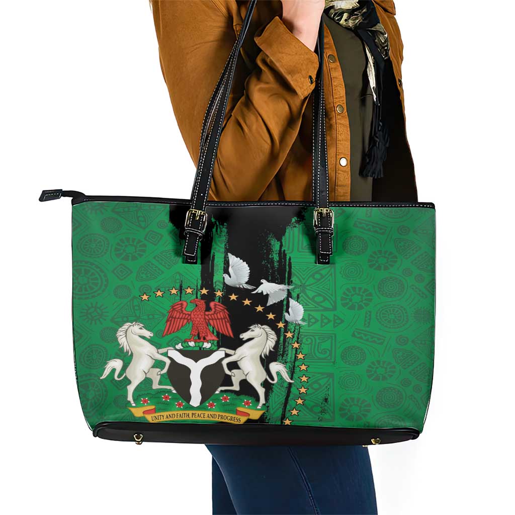 Nigeria Independence Day Leather Tote Bag National Seal with Peace Dove African Pattern LT03