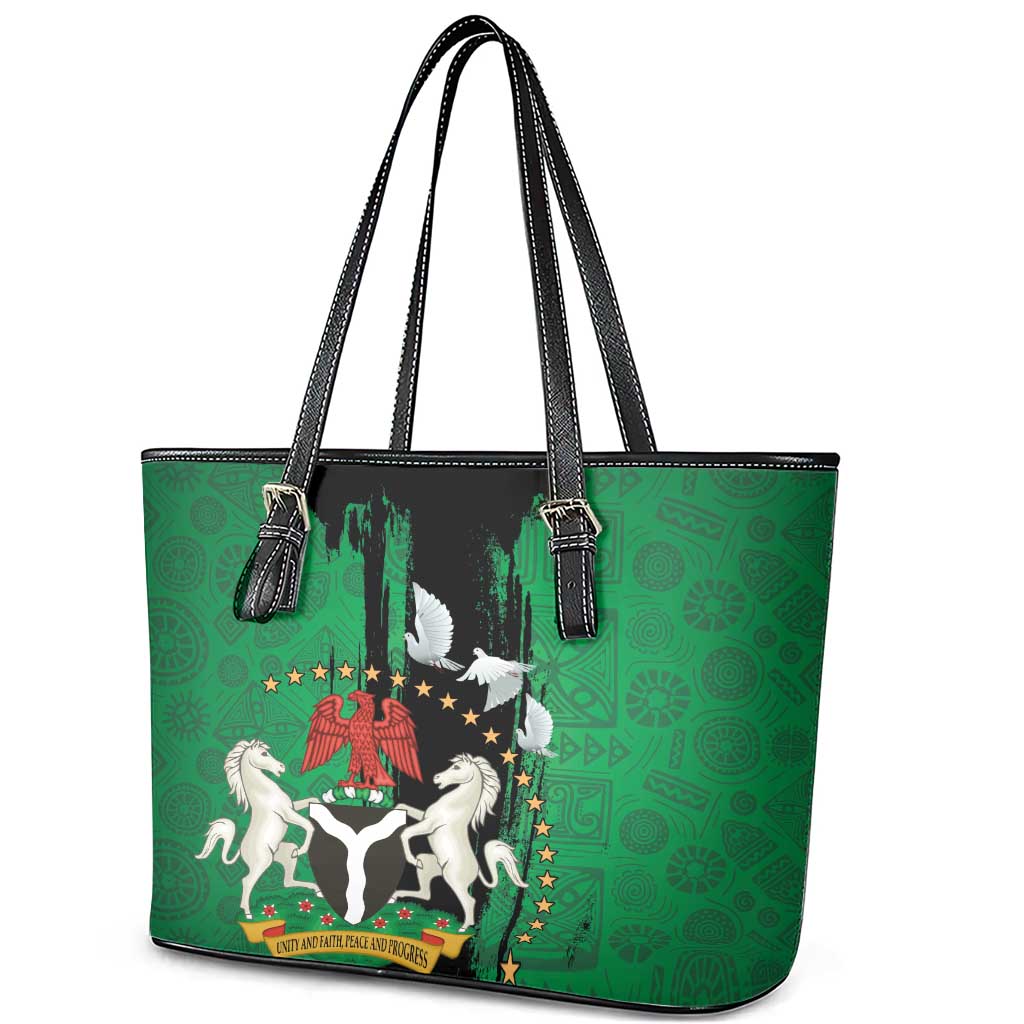 Nigeria Independence Day Leather Tote Bag National Seal with Peace Dove African Pattern LT03