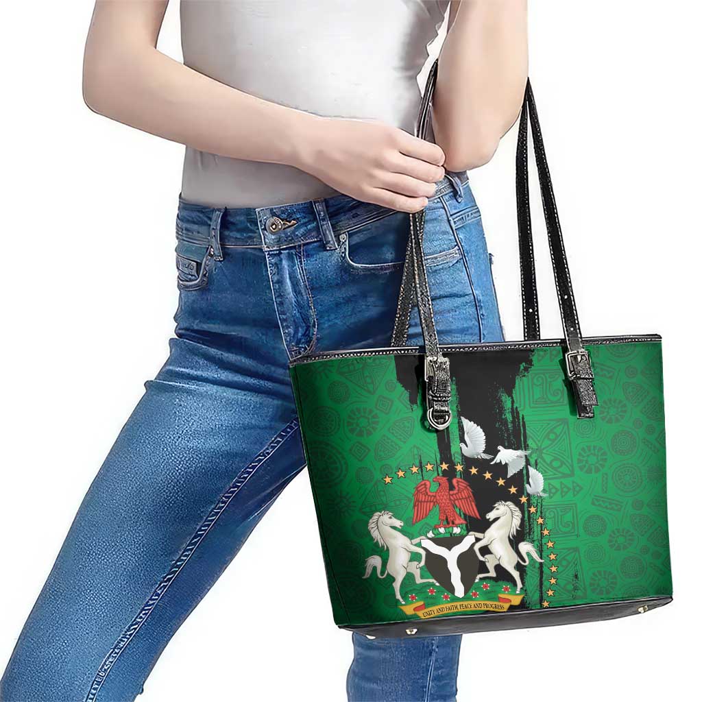 Nigeria Independence Day Leather Tote Bag National Seal with Peace Dove African Pattern LT03
