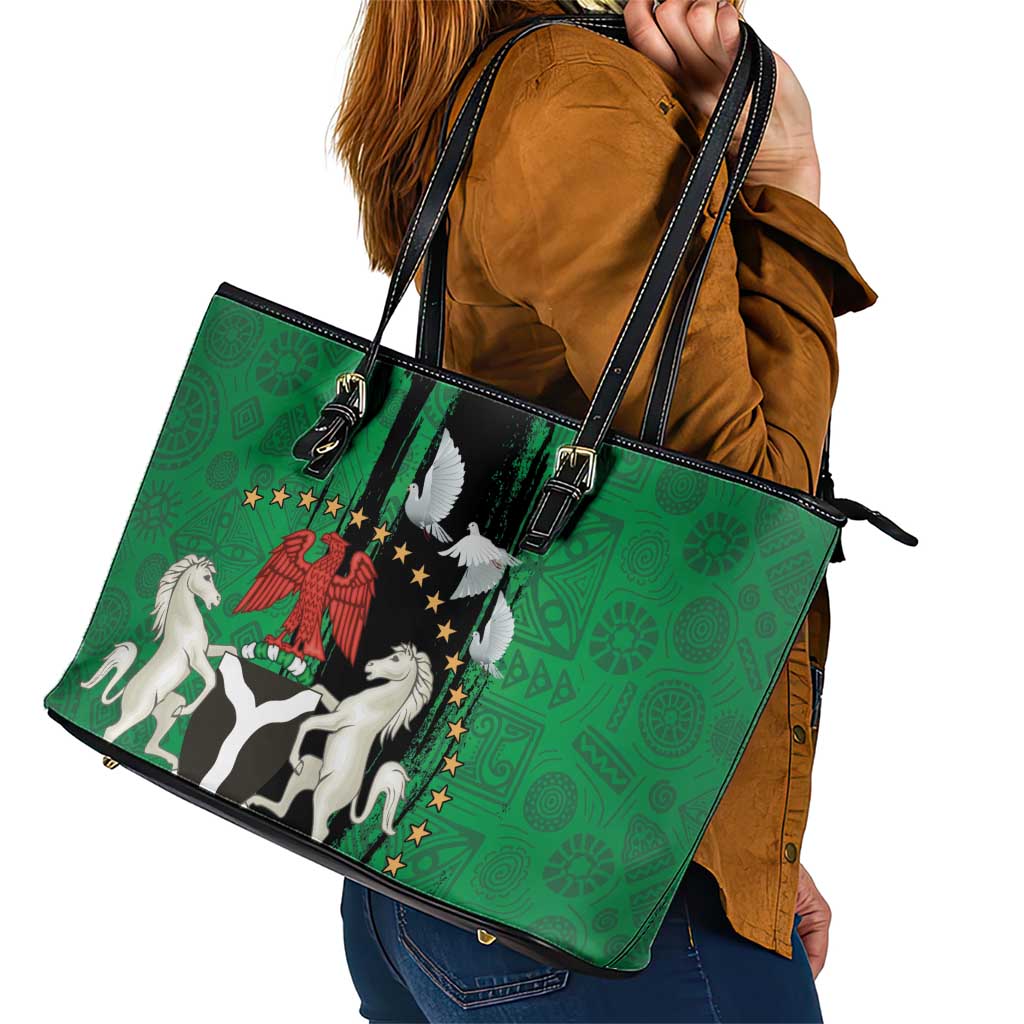 Nigeria Independence Day Leather Tote Bag National Seal with Peace Dove African Pattern LT03