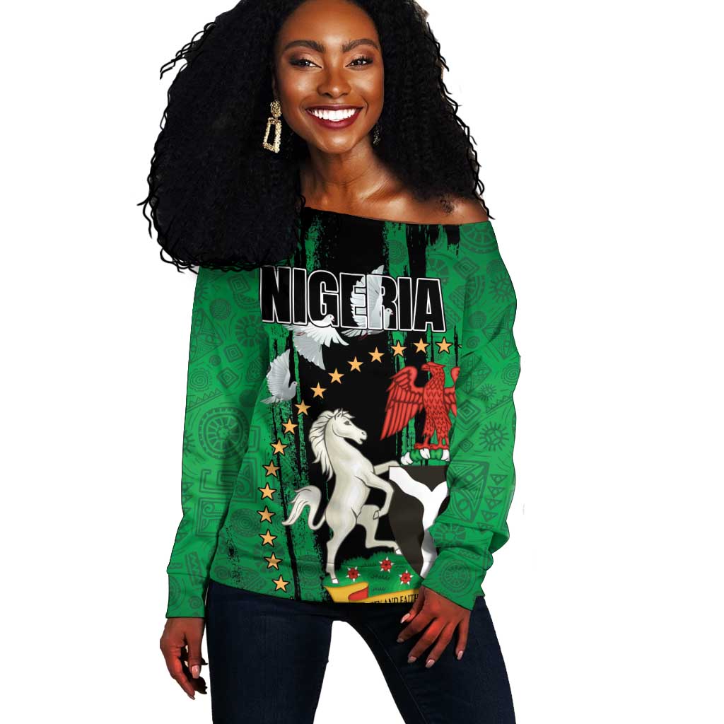 Nigeria Independence Day Off Shoulder Sweater - National Seal with Peace Dove - African Pattern LT03
