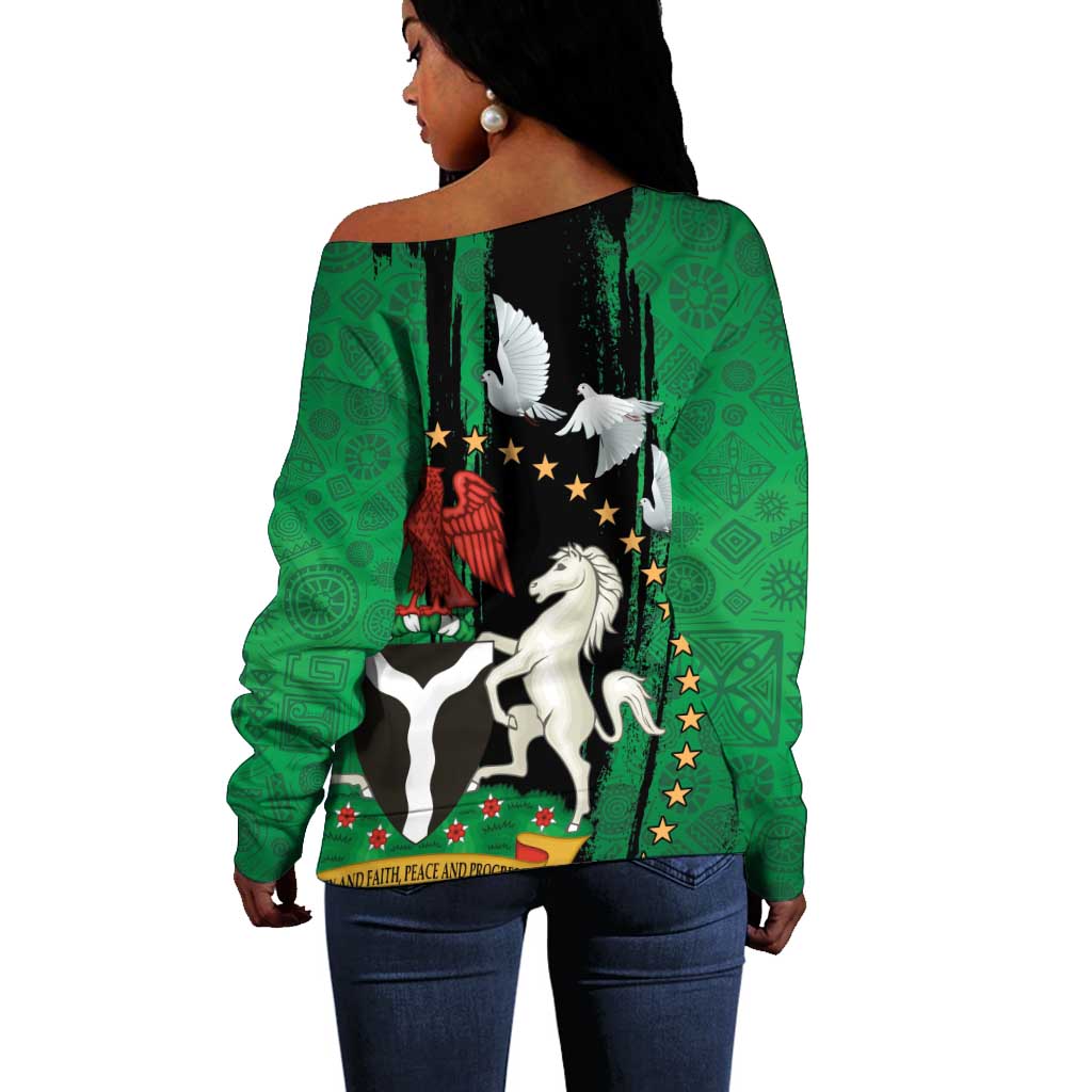 Nigeria Independence Day Off Shoulder Sweater - National Seal with Peace Dove - African Pattern LT03