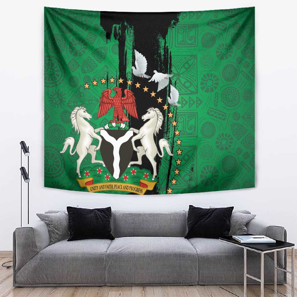Nigeria Independence Day Tapestry - National Seal with Peace Dove - African Pattern LT03