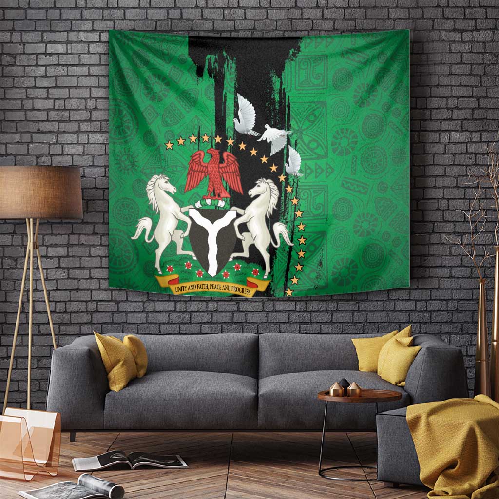 Nigeria Independence Day Tapestry - National Seal with Peace Dove - African Pattern LT03