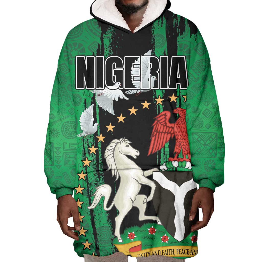 Nigeria Independence Day Wearable Blanket Hoodie - National Seal with Peace Dove - African Pattern LT03