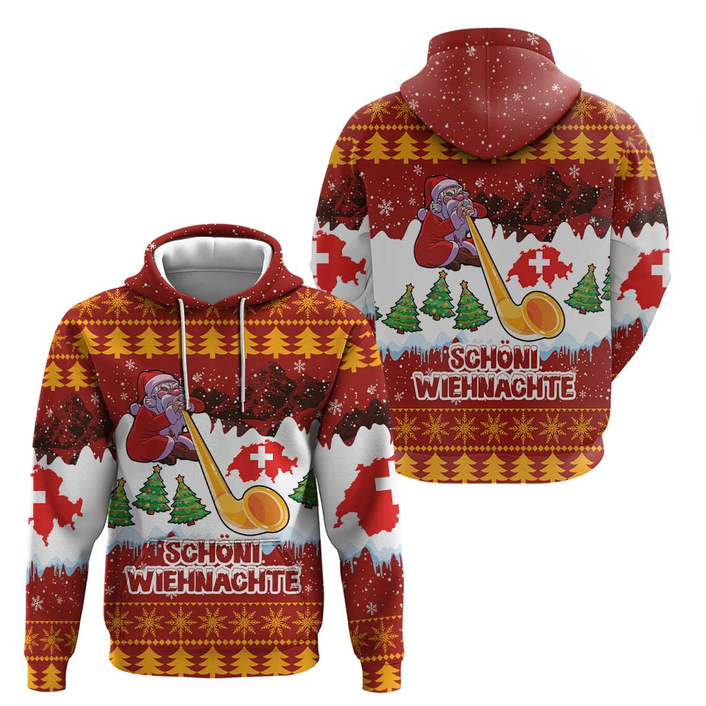 Swiss Santa Plays The Alphorn Christmas Hoodie The Matterhorn with Christmas Elements LT03