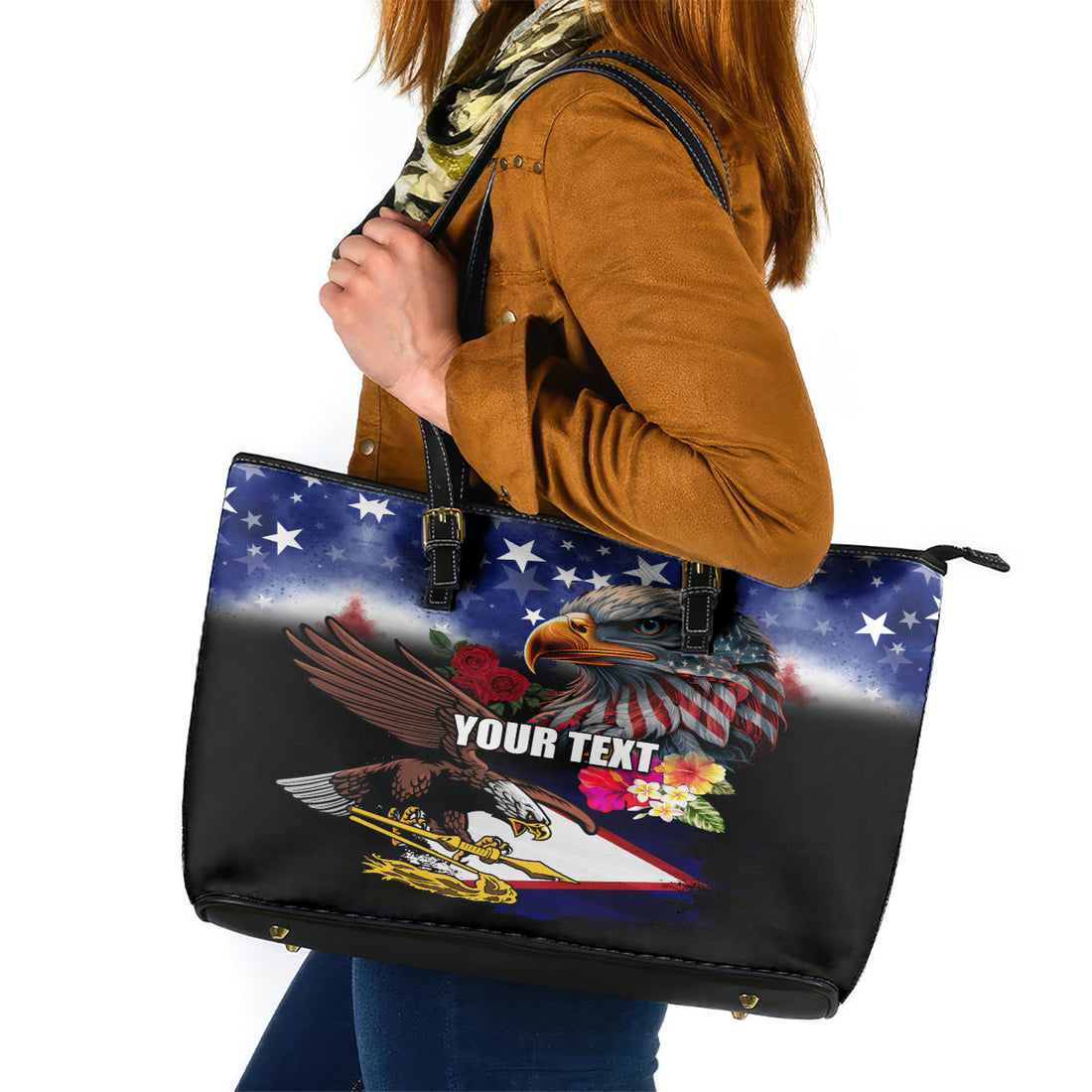 Personalised United States and American Samoa Leather Tote Bag Bald Eagle Rose and Hibiscus Flower LT03