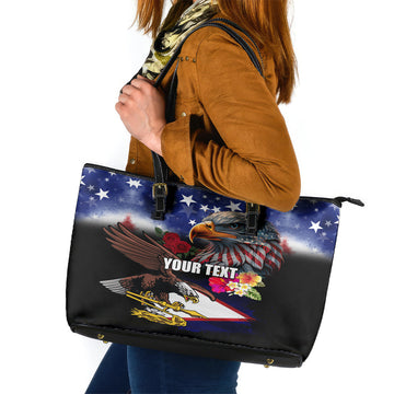 Personalised United States and American Samoa Leather Tote Bag Bald Eagle Rose and Hibiscus Flower LT03