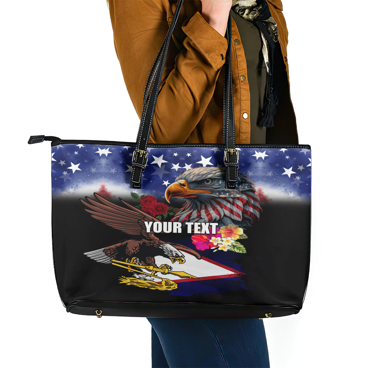Personalised United States and American Samoa Leather Tote Bag Bald Eagle Rose and Hibiscus Flower LT03
