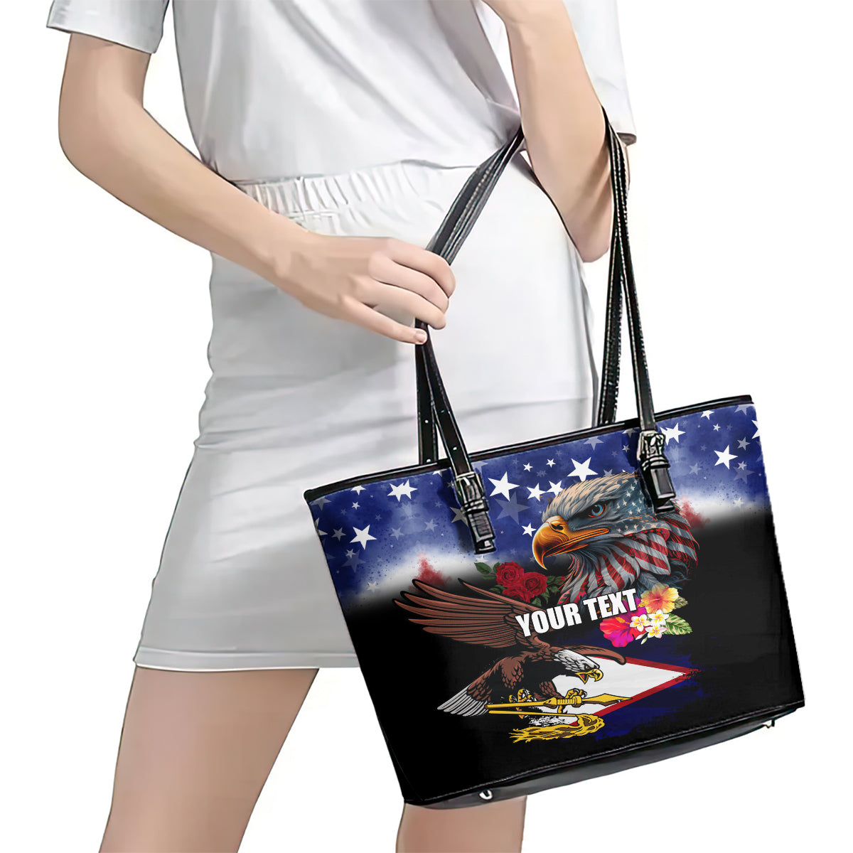 Personalised United States and American Samoa Leather Tote Bag Bald Eagle Rose and Hibiscus Flower LT03