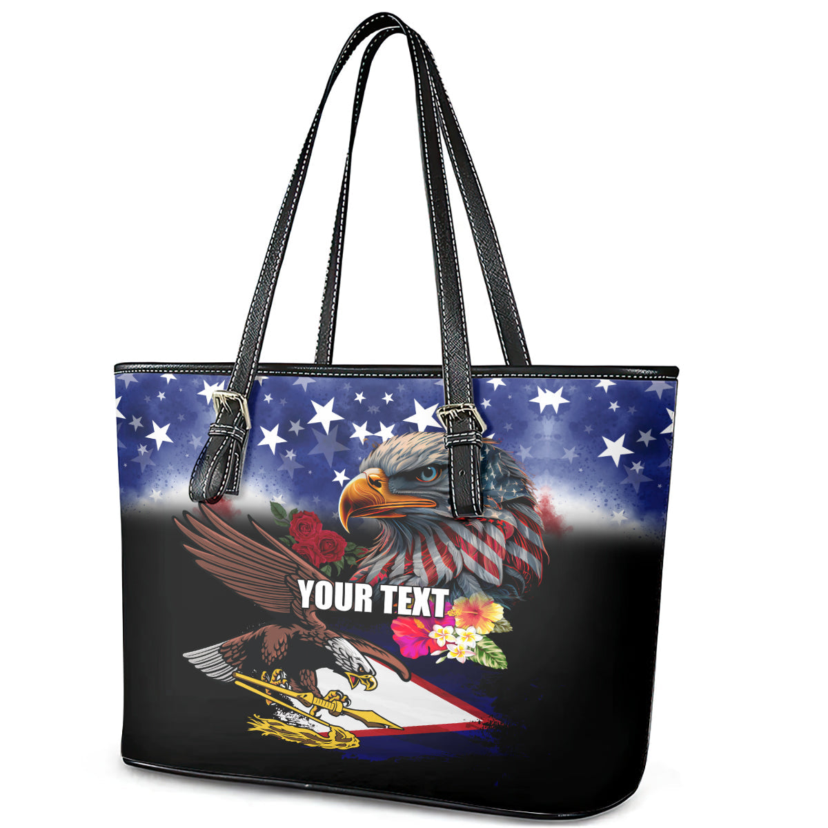 Personalised United States and American Samoa Leather Tote Bag Bald Eagle Rose and Hibiscus Flower LT03