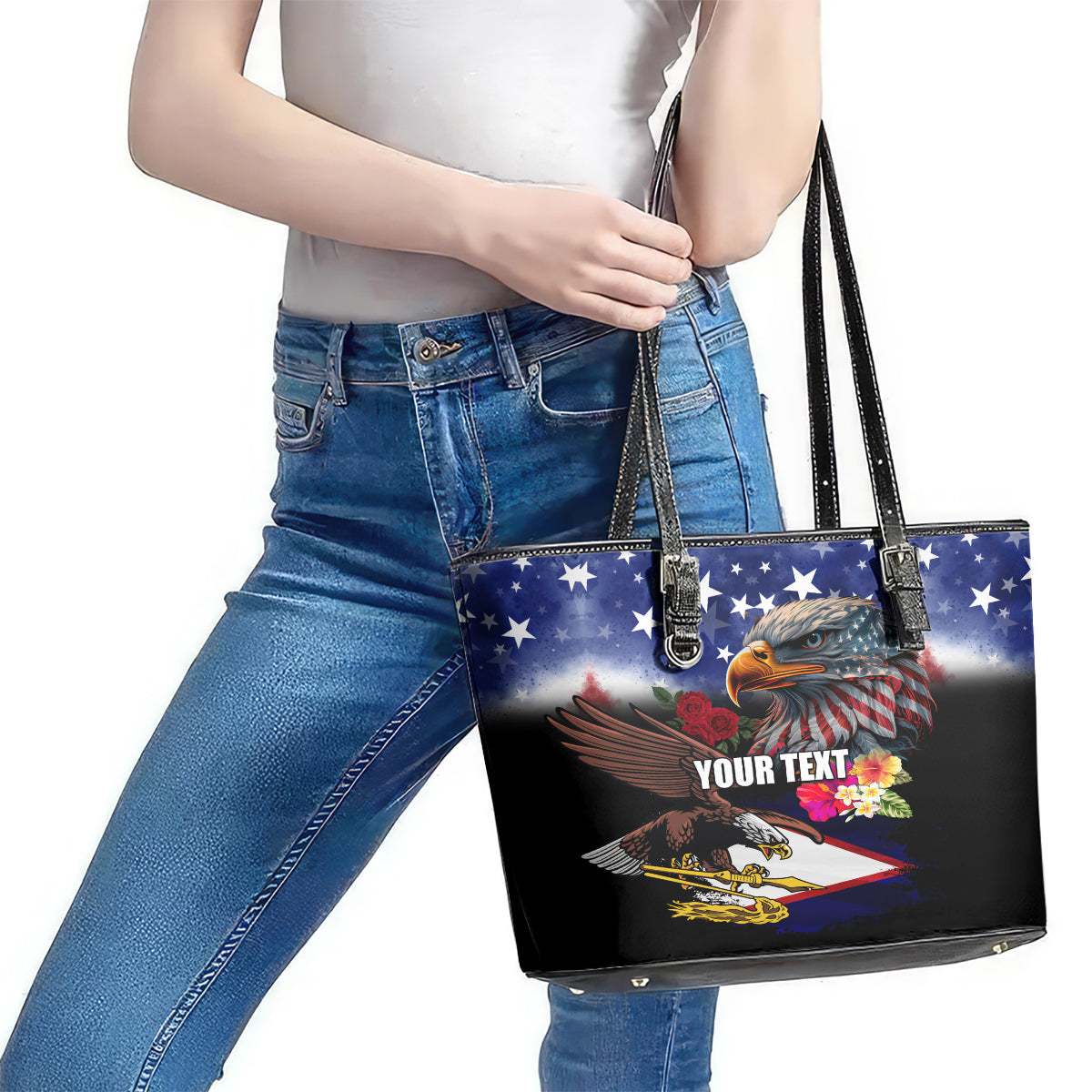 Personalised United States and American Samoa Leather Tote Bag Bald Eagle Rose and Hibiscus Flower LT03