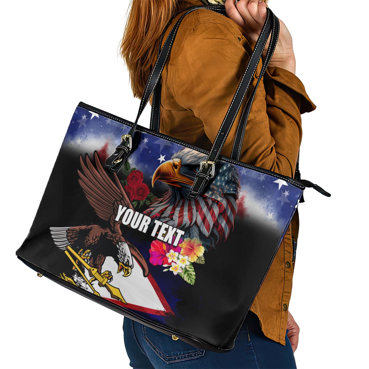 Personalised United States and American Samoa Leather Tote Bag Bald Eagle Rose and Hibiscus Flower LT03