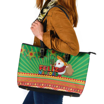 Mexico Leather Tote Bag Feliz Navidad Aztec Geometric Pattern LT03