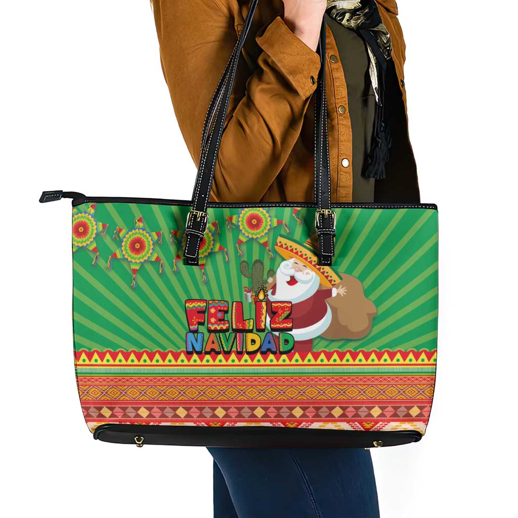 Mexico Leather Tote Bag Feliz Navidad Aztec Geometric Pattern LT03