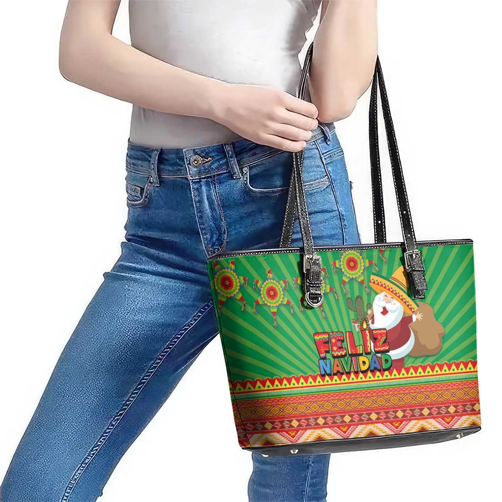 Mexico Leather Tote Bag Feliz Navidad Aztec Geometric Pattern LT03