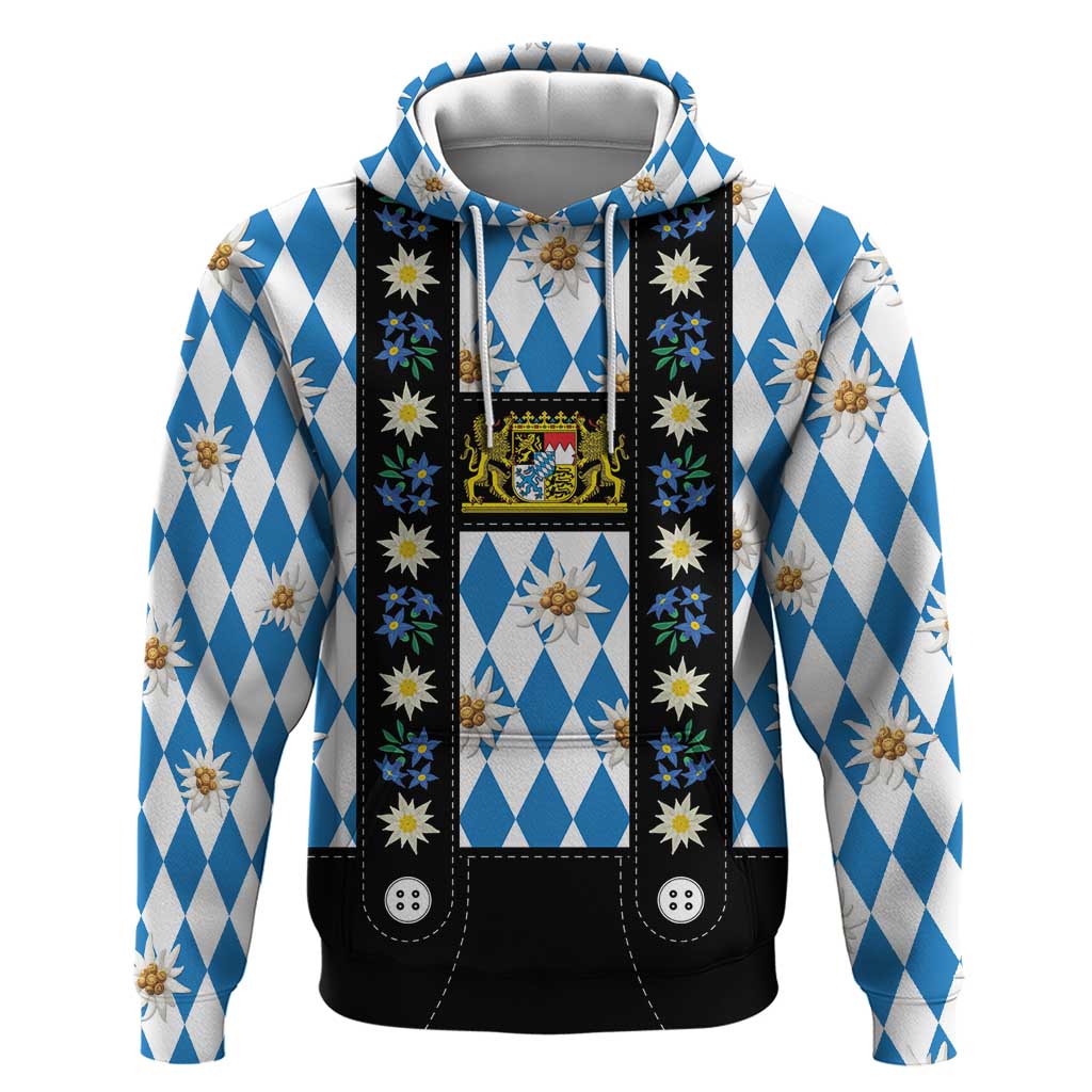 Bavaria Traditional Lederhosen Costume Hoodie Bavaria Emblem - Blue Plaid Pattern with Edelweiss Flowers LT03
