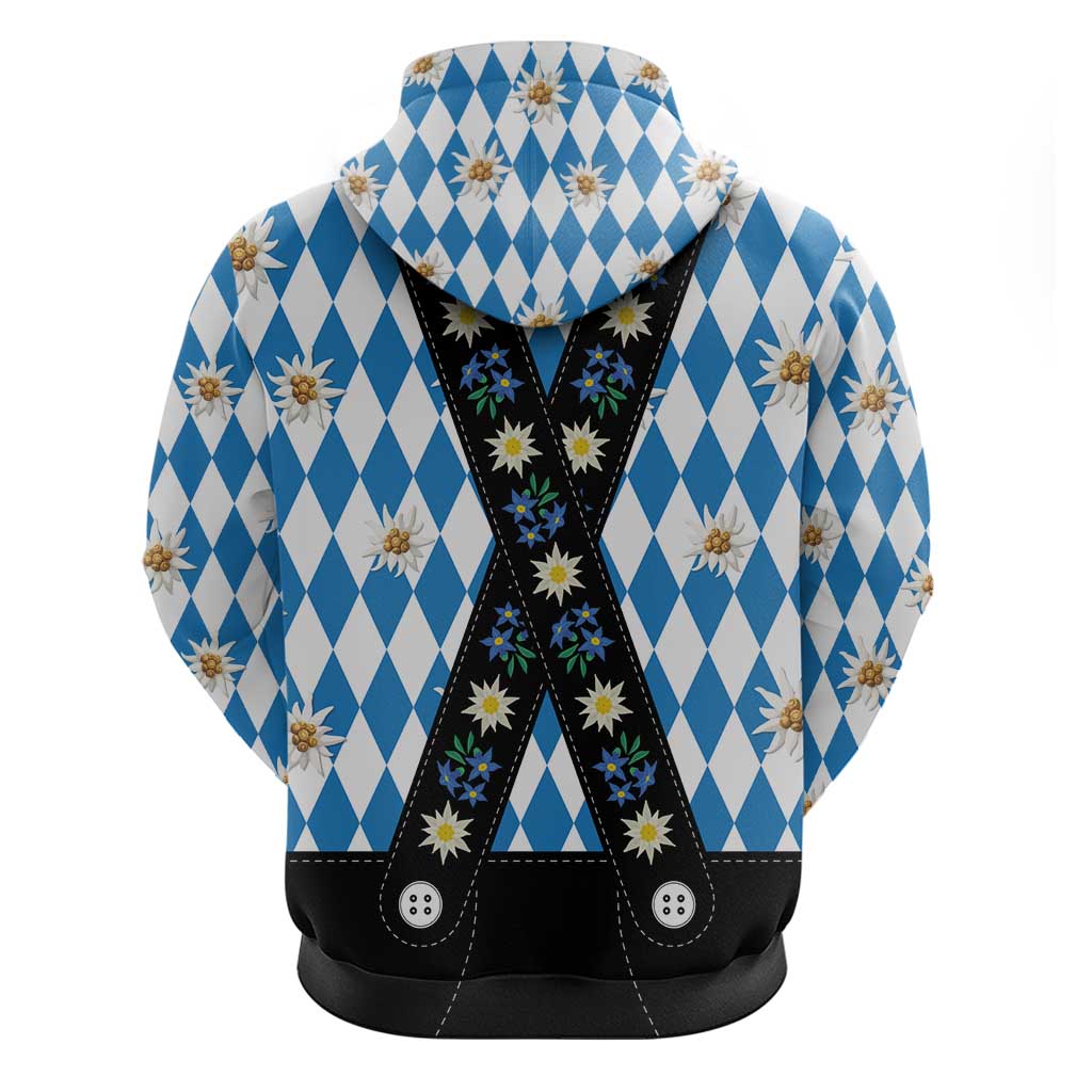 Bavaria Traditional Lederhosen Costume Hoodie Bavaria Emblem - Blue Plaid Pattern with Edelweiss Flowers LT03