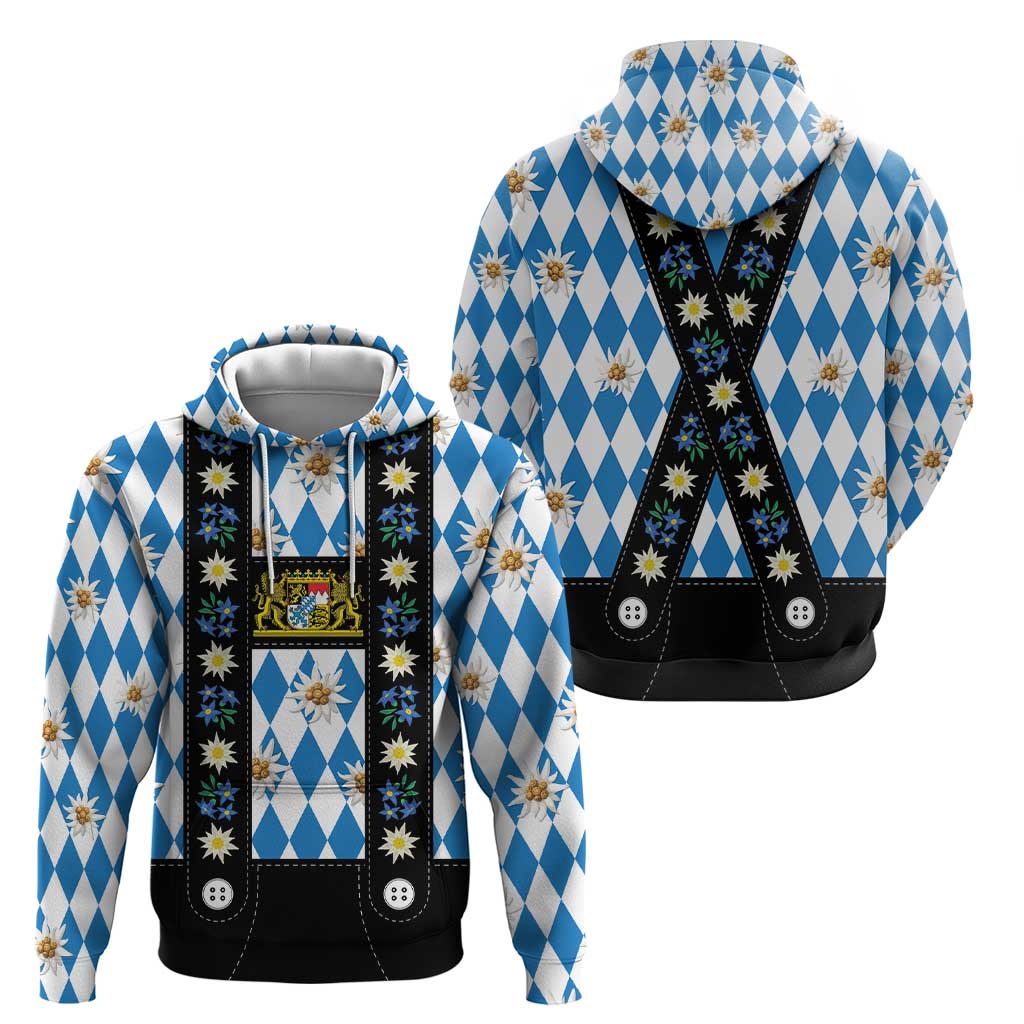 Bavaria Traditional Lederhosen Costume Hoodie Bavaria Emblem - Blue Plaid Pattern with Edelweiss Flowers LT03
