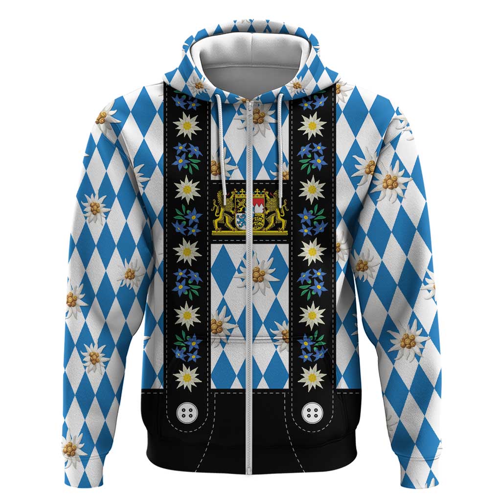Bavaria Traditional Lederhosen Costume Hoodie Bavaria Emblem - Blue Plaid Pattern with Edelweiss Flowers LT03