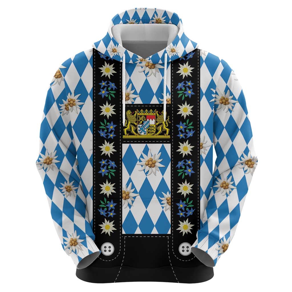 Bavaria Traditional Lederhosen Costume Hoodie Bavaria Emblem - Blue Plaid Pattern with Edelweiss Flowers LT03