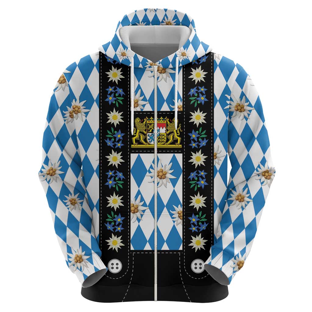 Bavaria Traditional Lederhosen Costume Hoodie Bavaria Emblem - Blue Plaid Pattern with Edelweiss Flowers LT03