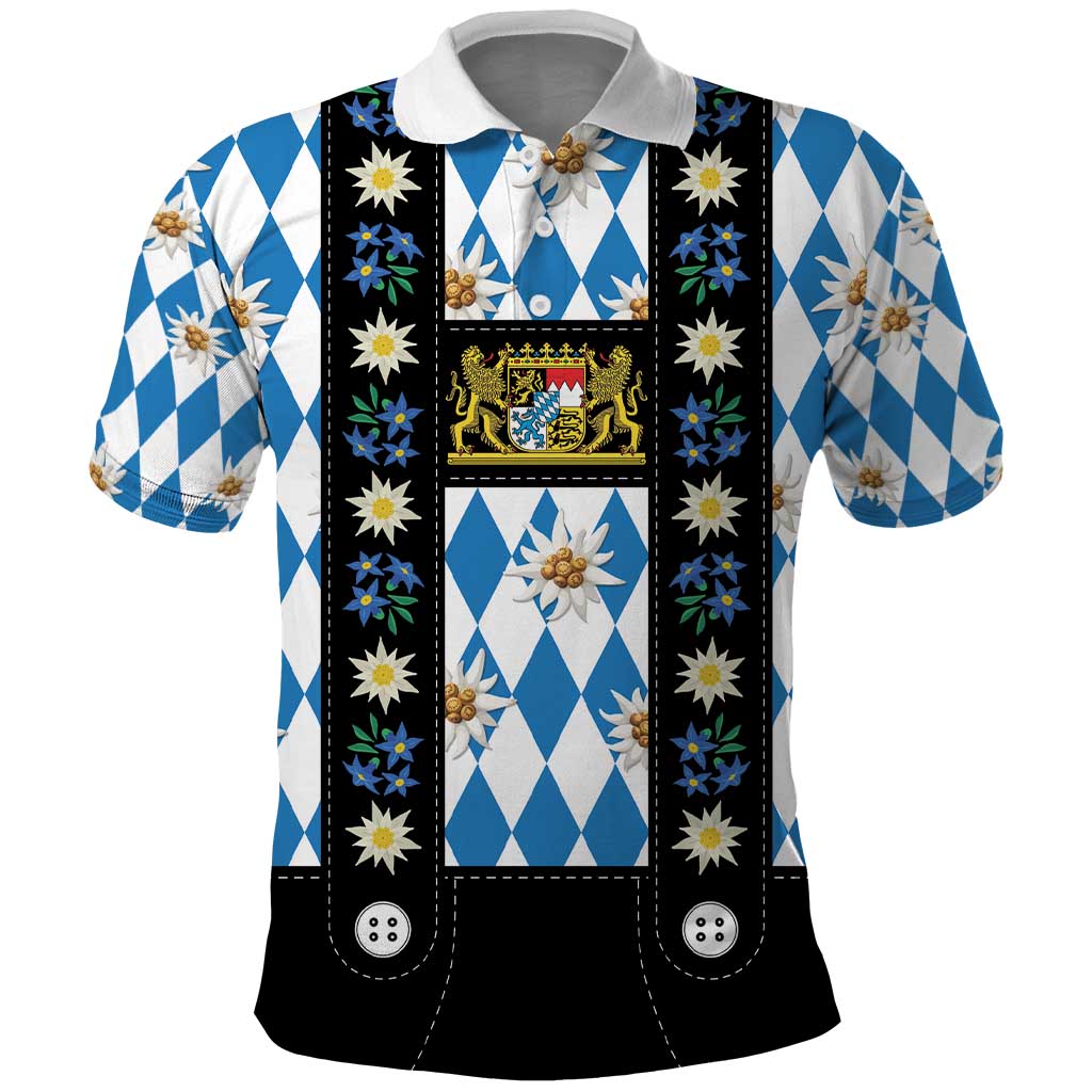 Bavaria Traditional Lederhosen Costume Polo Shirt Bavaria Emblem - Blue Plaid Pattern with Edelweiss Flowers LT03