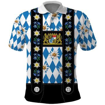 Bavaria Traditional Lederhosen Costume Polo Shirt Bavaria Emblem - Blue Plaid Pattern with Edelweiss Flowers LT03