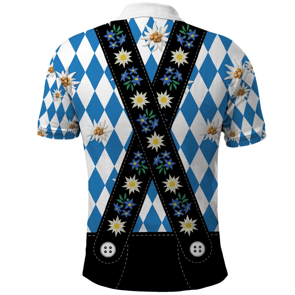Bavaria Traditional Lederhosen Costume Polo Shirt Bavaria Emblem - Blue Plaid Pattern with Edelweiss Flowers LT03