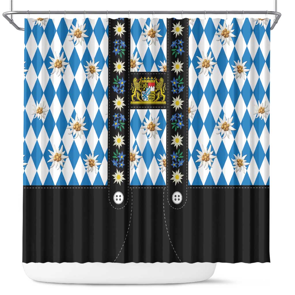 Bavaria Traditional Lederhosen Costume Shower Curtain Bavaria Emblem - Blue Plaid Pattern with Edelweiss Flowers LT03