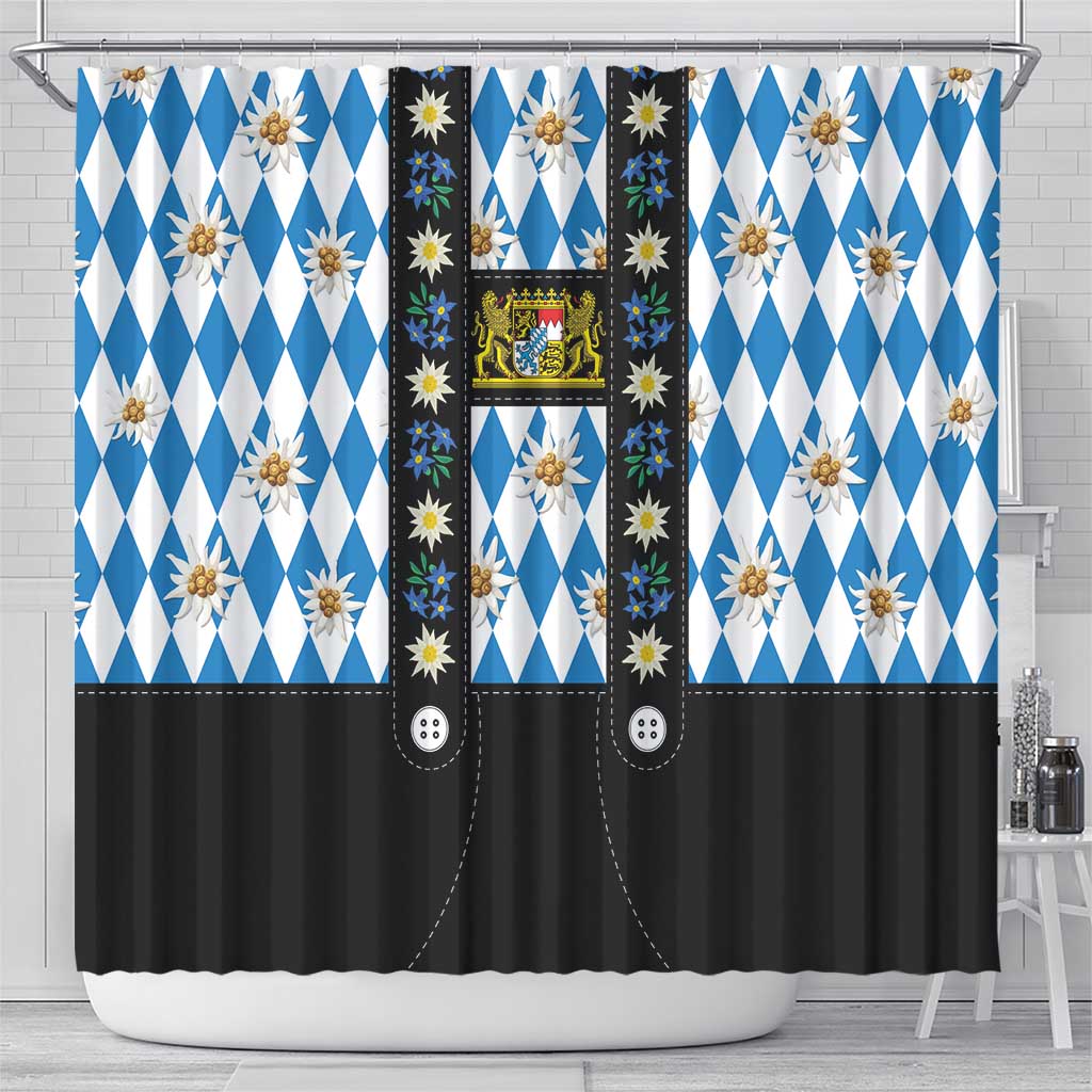 Bavaria Traditional Lederhosen Costume Shower Curtain Bavaria Emblem - Blue Plaid Pattern with Edelweiss Flowers LT03