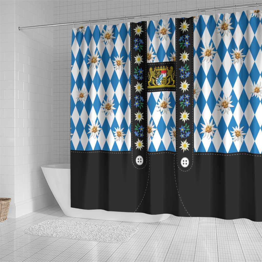 Bavaria Traditional Lederhosen Costume Shower Curtain Bavaria Emblem - Blue Plaid Pattern with Edelweiss Flowers LT03