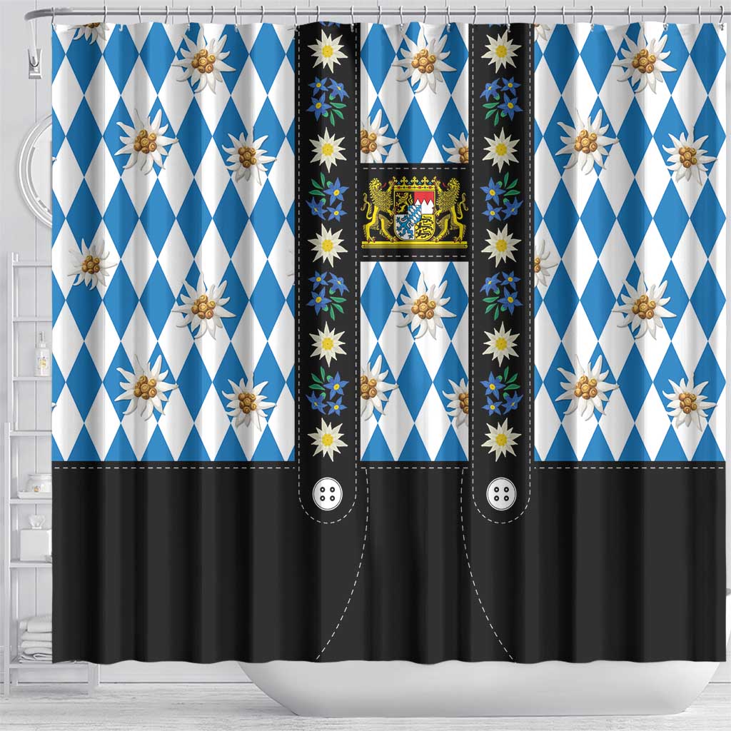 Bavaria Traditional Lederhosen Costume Shower Curtain Bavaria Emblem - Blue Plaid Pattern with Edelweiss Flowers LT03