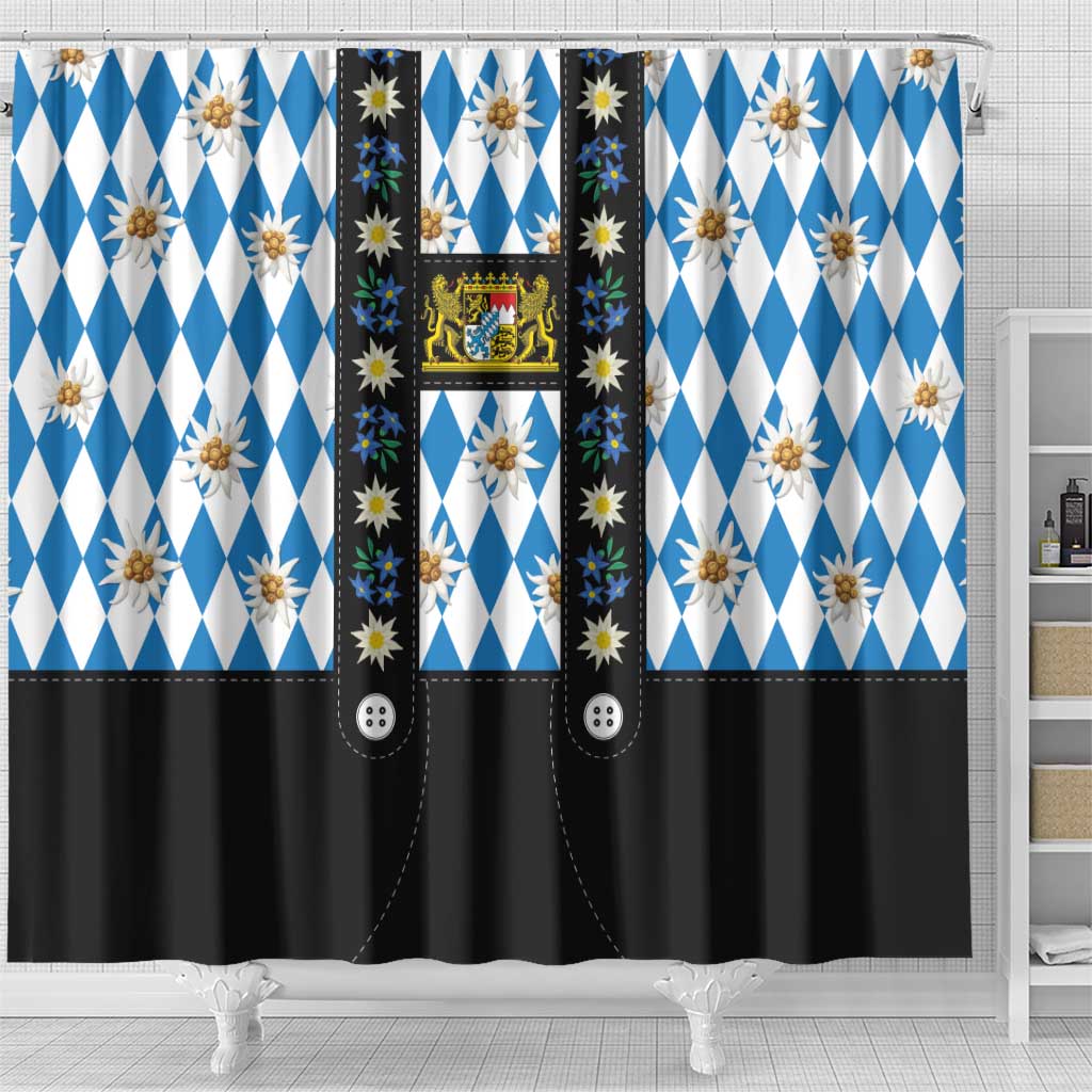 Bavaria Traditional Lederhosen Costume Shower Curtain Bavaria Emblem - Blue Plaid Pattern with Edelweiss Flowers LT03