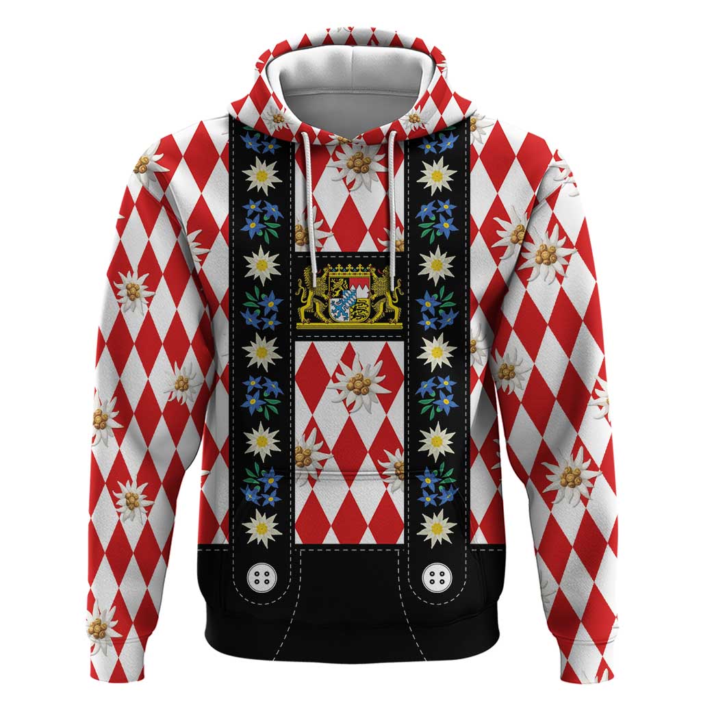 Bavaria Traditional Lederhosen Costume Hoodie Bavaria Emblem - Red Plaid Pattern with Edelweiss Flowers LT03