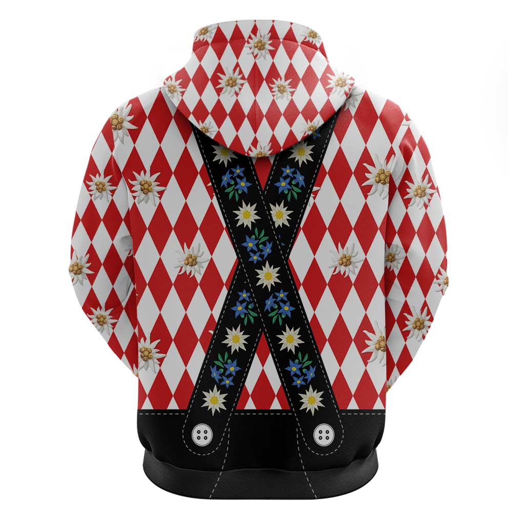 Bavaria Traditional Lederhosen Costume Hoodie Bavaria Emblem - Red Plaid Pattern with Edelweiss Flowers LT03