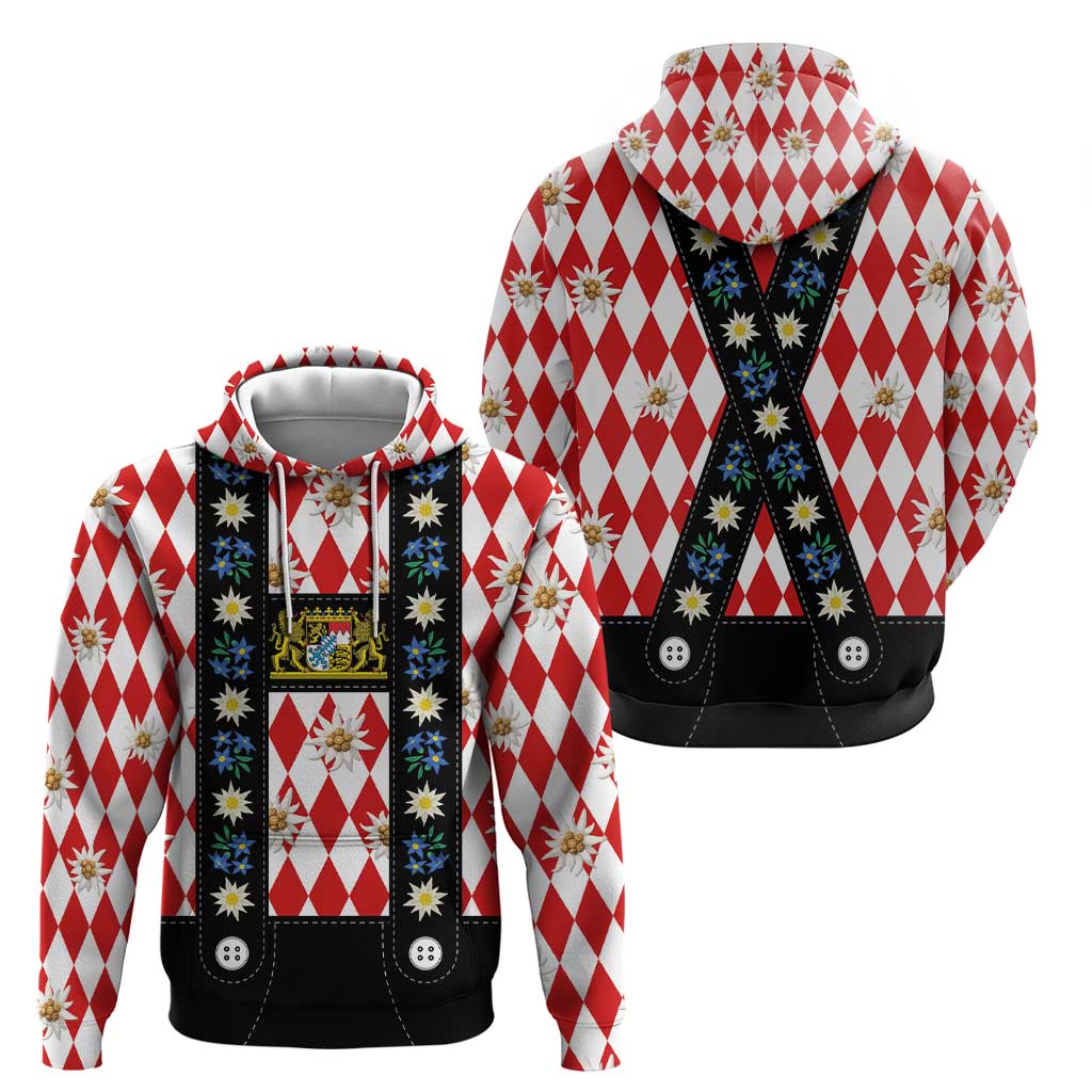 Bavaria Traditional Lederhosen Costume Hoodie Bavaria Emblem - Red Plaid Pattern with Edelweiss Flowers LT03
