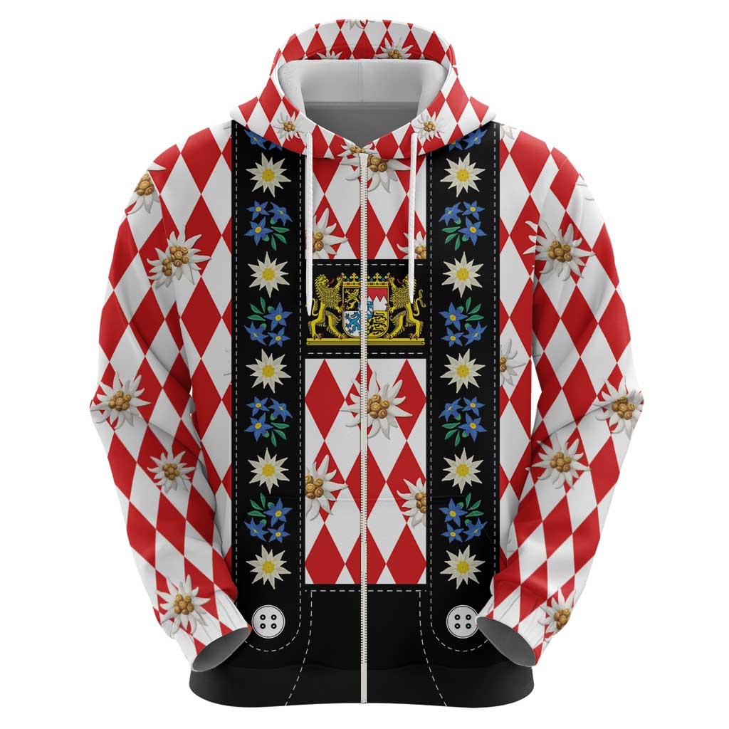 Bavaria Traditional Lederhosen Costume Hoodie Bavaria Emblem - Red Plaid Pattern with Edelweiss Flowers LT03
