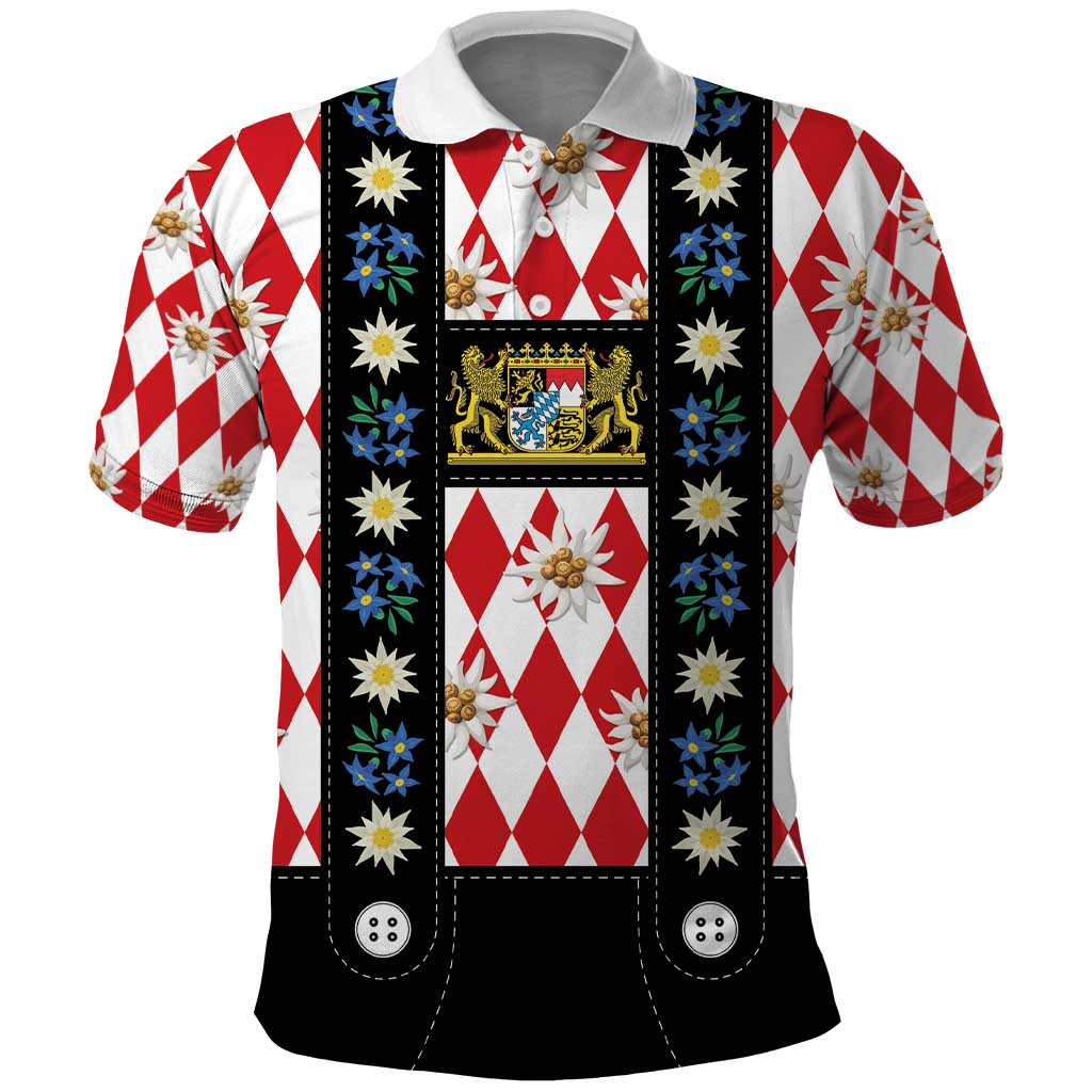 Bavaria Traditional Lederhosen Costume Polo Shirt Bavaria Emblem -  Red Plaid Pattern with Edelweiss Flowers LT03