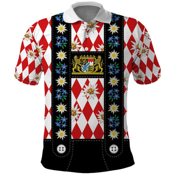 Bavaria Traditional Lederhosen Costume Polo Shirt Bavaria Emblem -  Red Plaid Pattern with Edelweiss Flowers LT03