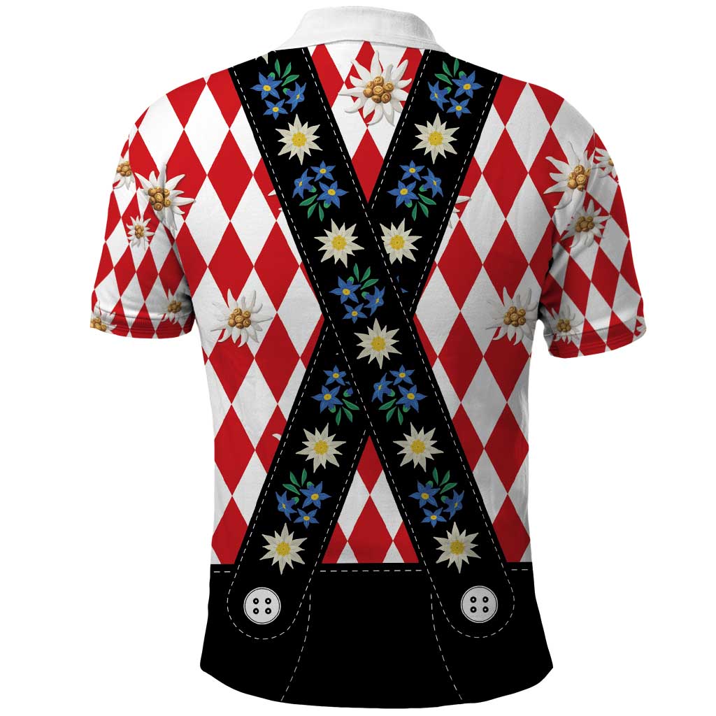 Bavaria Traditional Lederhosen Costume Polo Shirt Bavaria Emblem -  Red Plaid Pattern with Edelweiss Flowers LT03