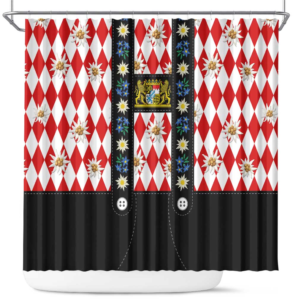 Bavaria Traditional Lederhosen Costume Shower Curtain Bavaria Emblem -  Red Plaid Pattern with Edelweiss Flowers LT03