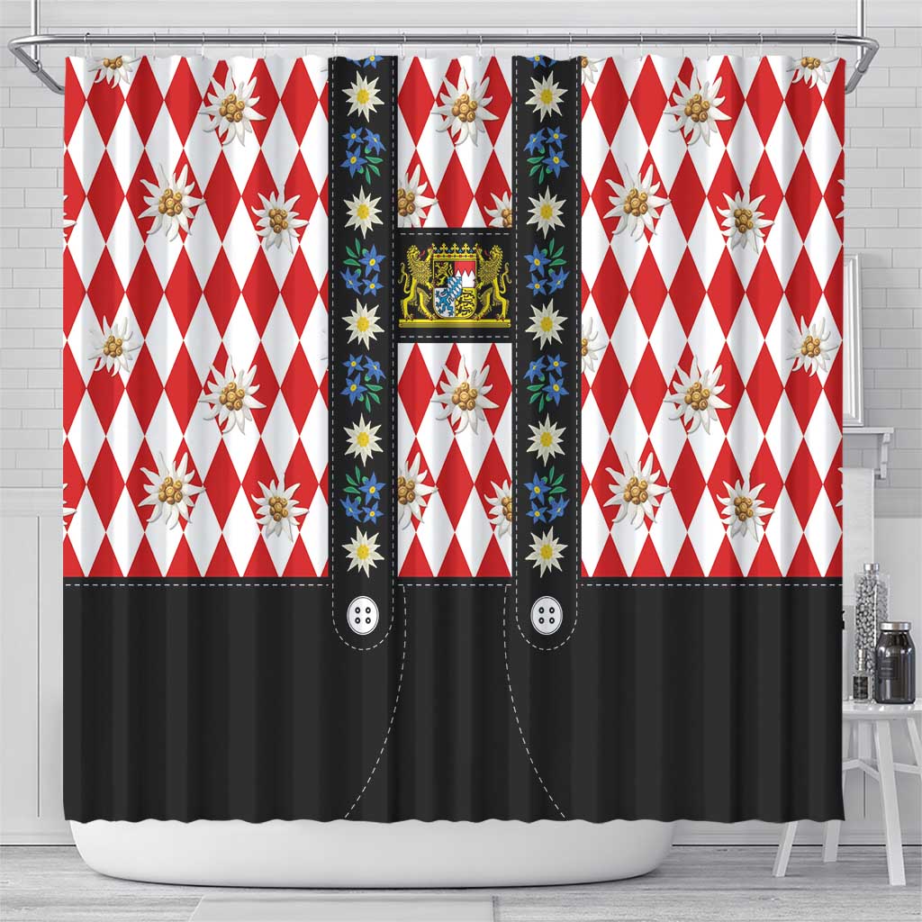 Bavaria Traditional Lederhosen Costume Shower Curtain Bavaria Emblem -  Red Plaid Pattern with Edelweiss Flowers LT03