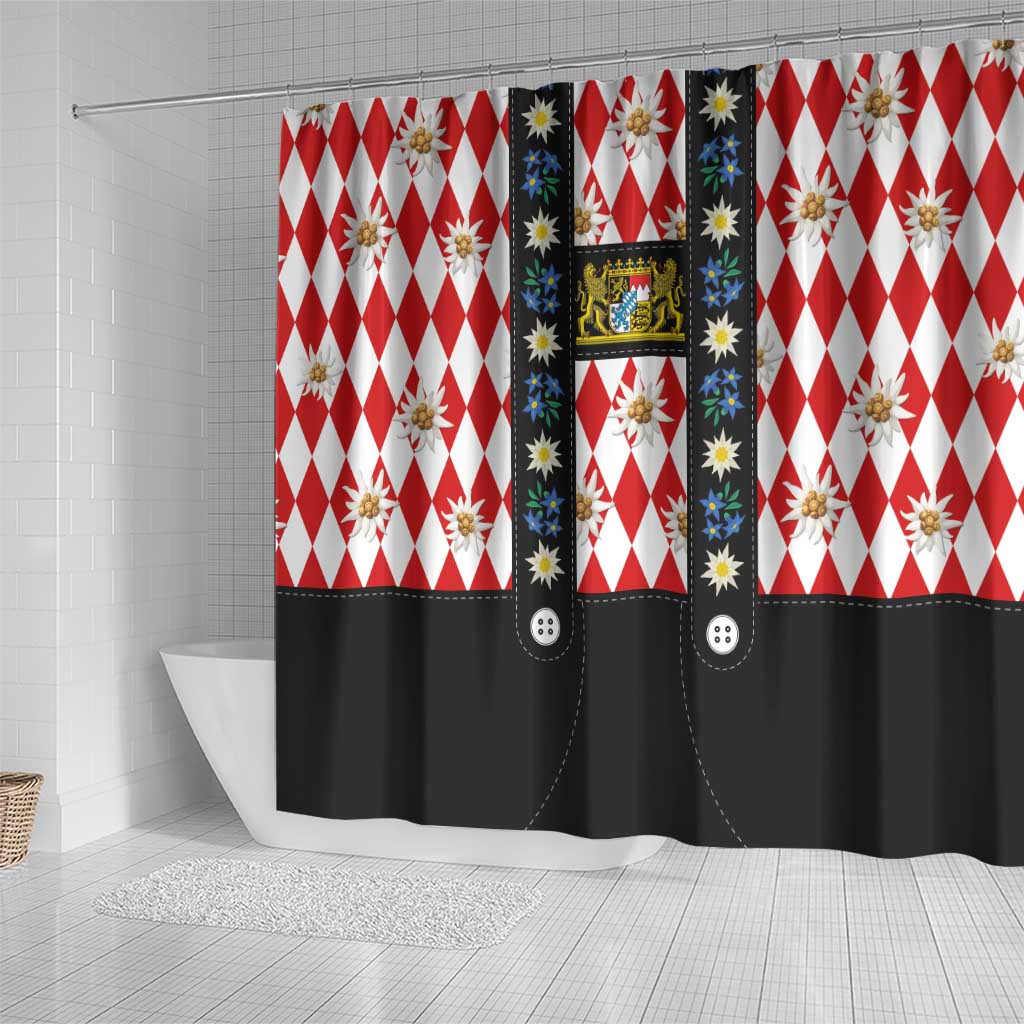 Bavaria Traditional Lederhosen Costume Shower Curtain Bavaria Emblem -  Red Plaid Pattern with Edelweiss Flowers LT03