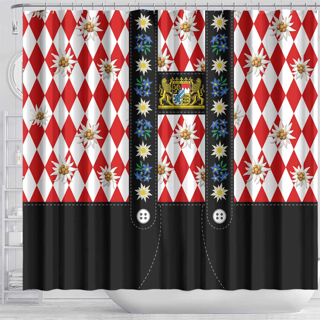 Bavaria Traditional Lederhosen Costume Shower Curtain Bavaria Emblem -  Red Plaid Pattern with Edelweiss Flowers LT03