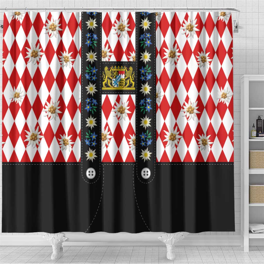 Bavaria Traditional Lederhosen Costume Shower Curtain Bavaria Emblem -  Red Plaid Pattern with Edelweiss Flowers LT03