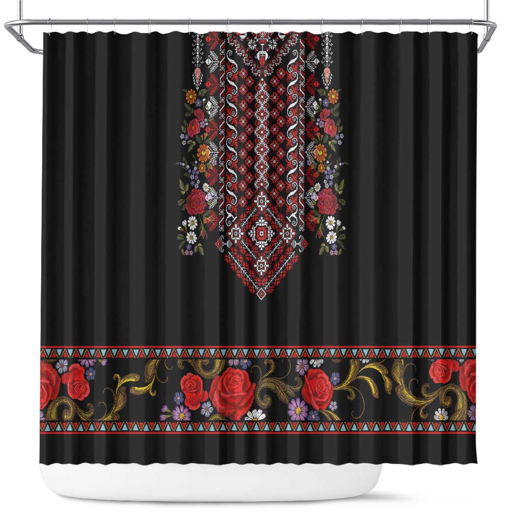 Traditional Romanian Costume - Costum Popular Shower Curtain Traditional Romanian Motif and Folk Floral Embroidery Style LT03
