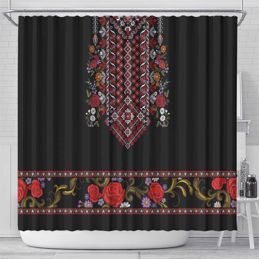 Traditional Romanian Costume - Costum Popular Shower Curtain Traditional Romanian Motif and Folk Floral Embroidery Style LT03