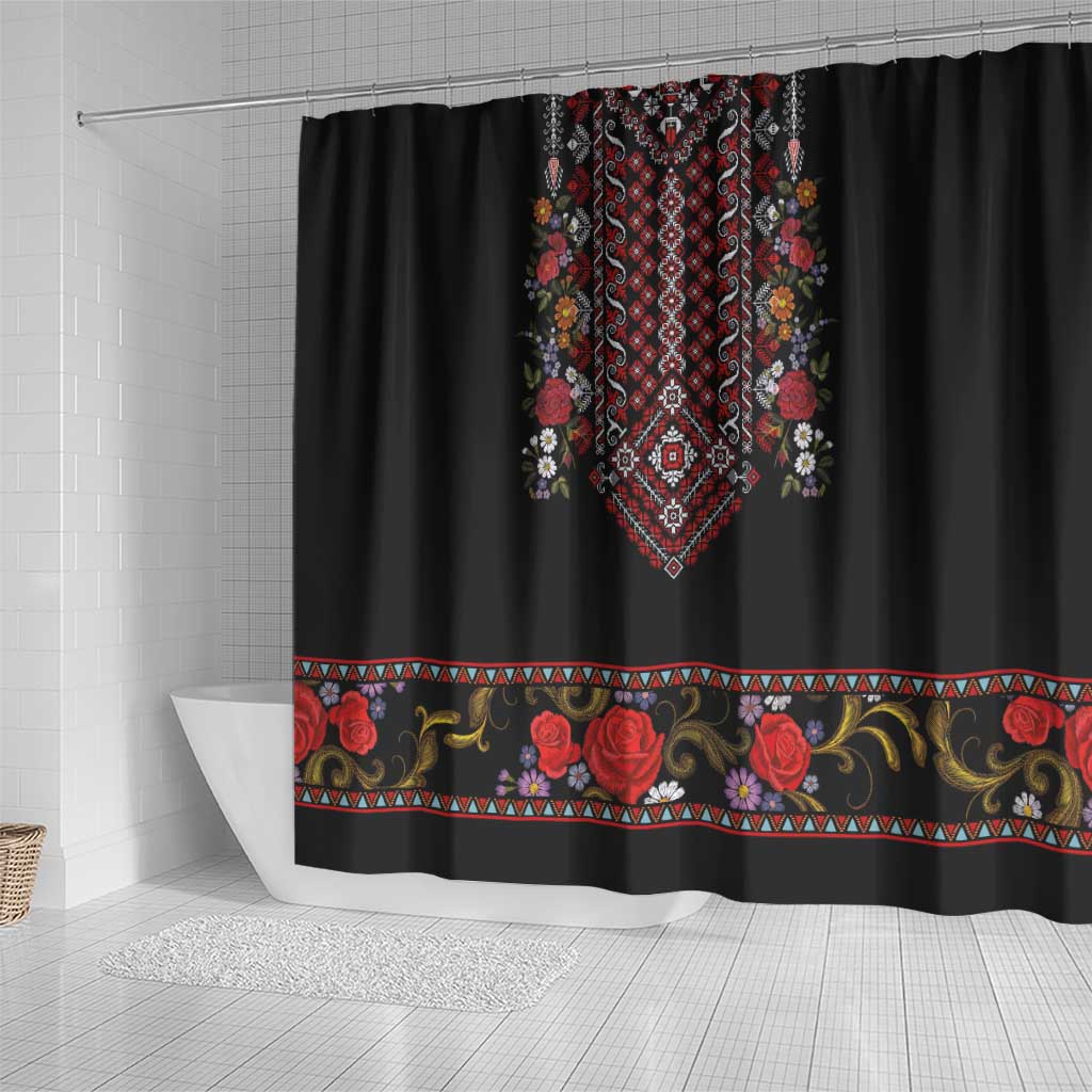Traditional Romanian Costume - Costum Popular Shower Curtain Traditional Romanian Motif and Folk Floral Embroidery Style LT03
